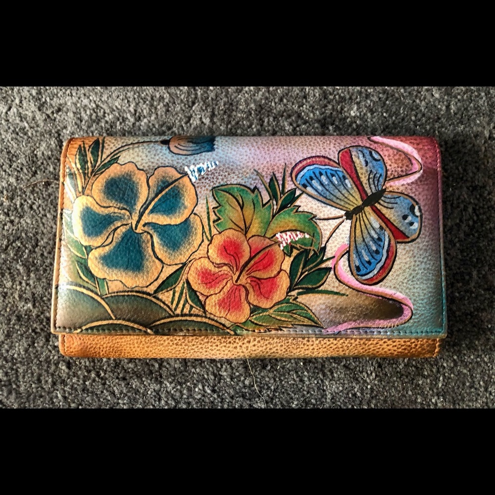 Anuschka Hand Painted Flower Tri-Fold Wallet